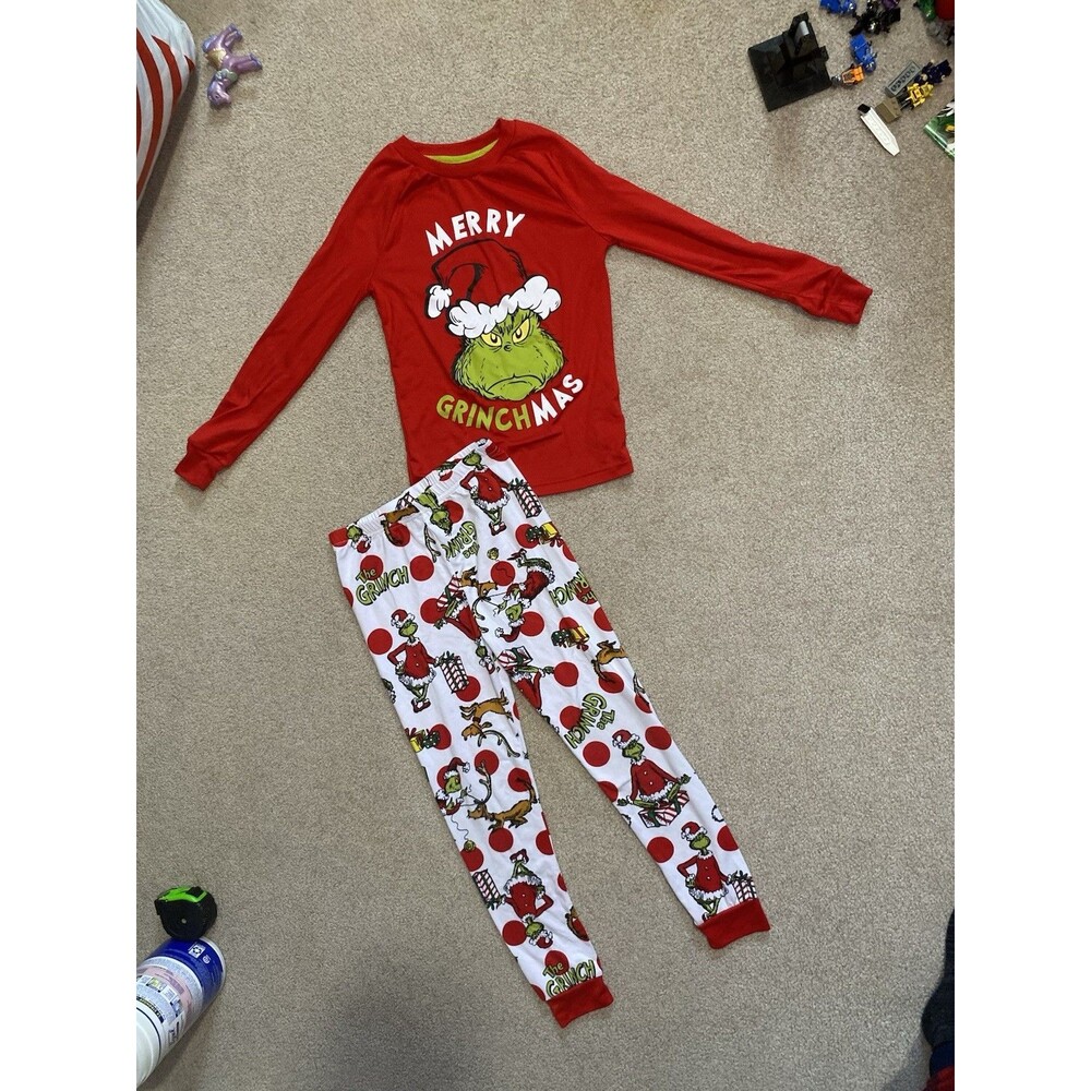 Dr. Seuss The Grinch Merry Grinchmas Kids Pajama Set Red White Polka Dot Size 10